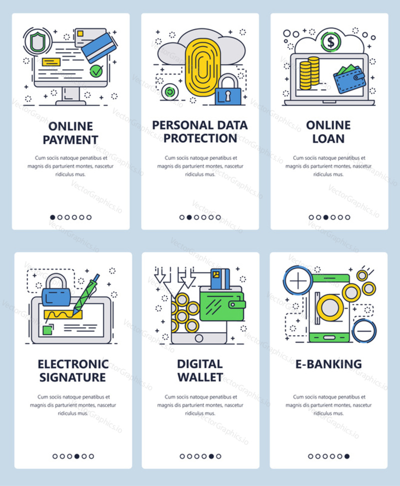 Векторный веб-сайт linear art onboarding screens template. Финансовые услуги и защита данных. Сканер отпечатков пальцев, цифровой кошелек, онлайн-кредит и электронная подпись. Баннеры меню для разработки веб-сайтов и мобильных приложений.