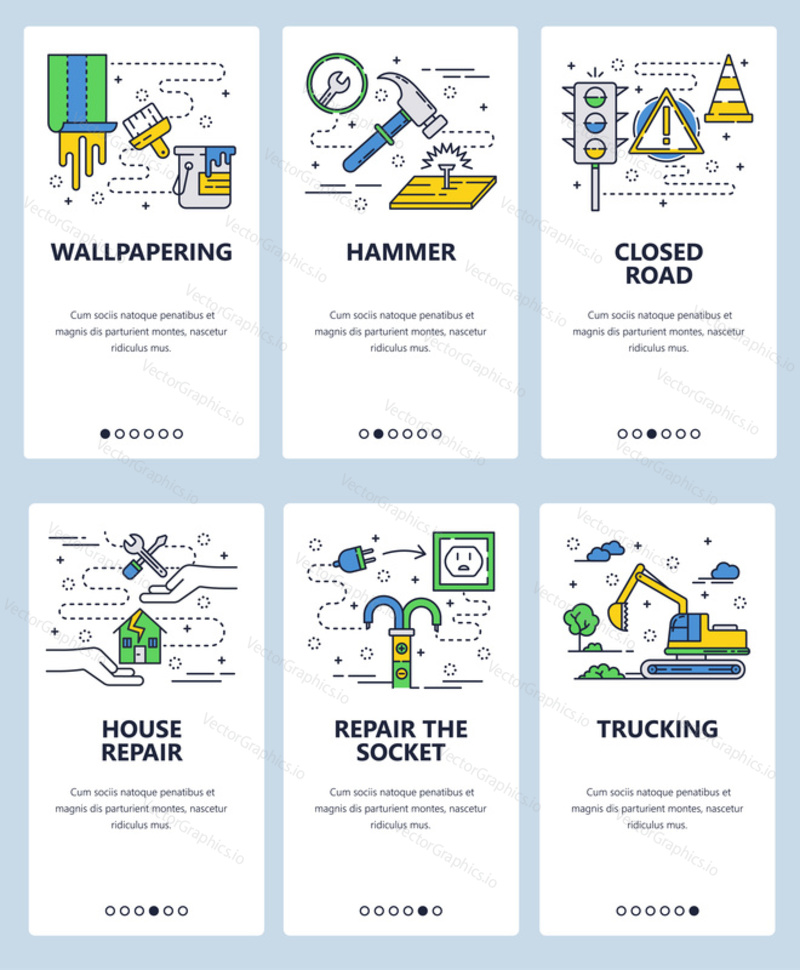Vector web site linear art onboarding screens template. House repair icons. Excavator, traffic light, hammer. Menu banners for website and mobile app development