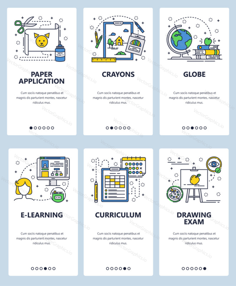 Vector web site linear art onboarding screens template. Art school and online education. Menu banners for website and mobile app development. Modern design flat illustration