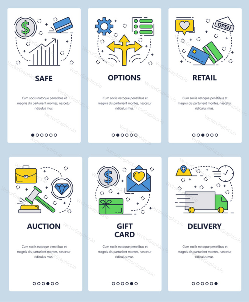 Vector web site linear art onboarding screens template. Financial chart, auction and gift card delivery. Menu banners for website and mobile app development.