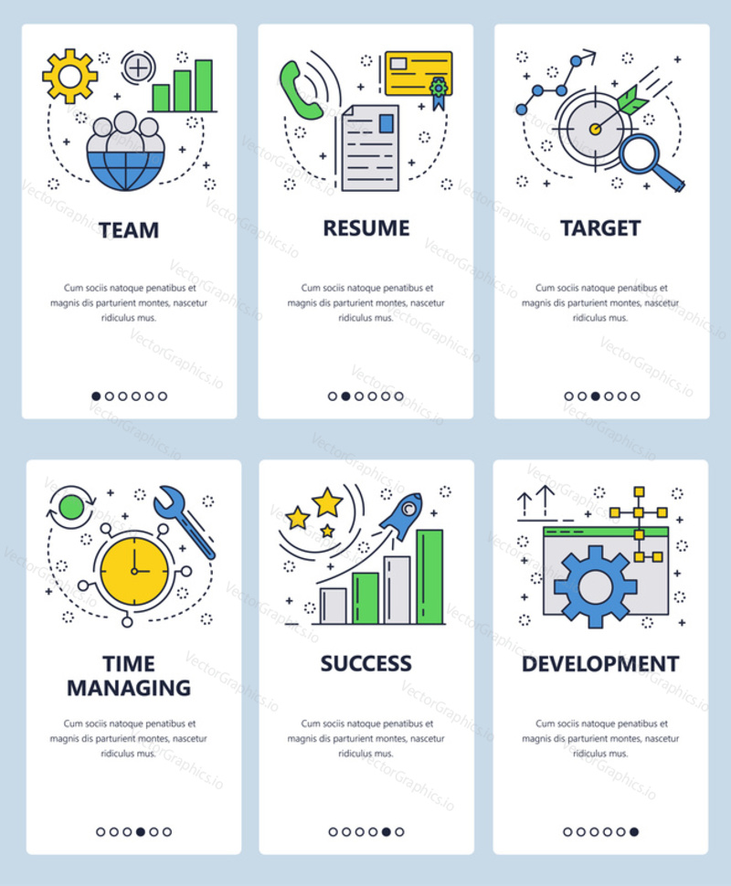Vector web site linear art onboarding screens template. Time management, CV letter, business target and success. Menu banners for website and mobile app development