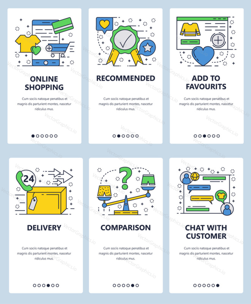 Vector web site linear art onboarding screens template. Online shopping icons, intenet store, customer service, chat and delivery. Menu banners for website and mobile app development