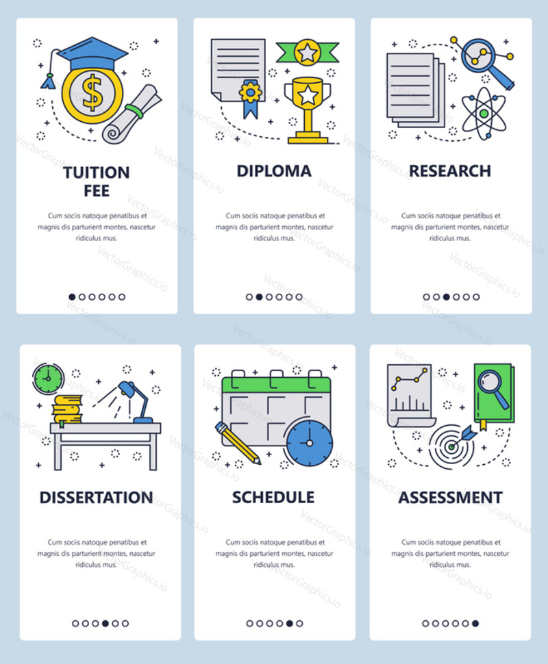 Vector web site linear art onboarding screens template. College education and admission fee. Dissertation research. Menu banners for website and mobile app development.