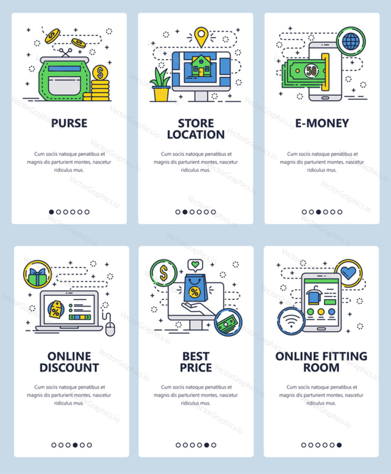 Векторный веб-сайт linear art onboarding screens template. Интернет-магазины, распродажи в магазинах одежды и скидки на цены. Онлайн-примерочная. Баннеры меню для разработки веб-сайтов и мобильных приложений.