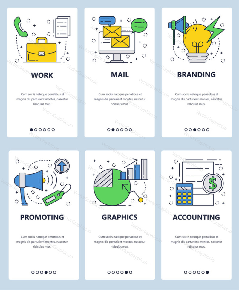 Векторный веб-сайт linear art onboarding screens template. Значки бизнеса и маркетинга, брендинг, бухгалтерский учет и реклама. Баннеры меню для разработки веб-сайтов и мобильных приложений.