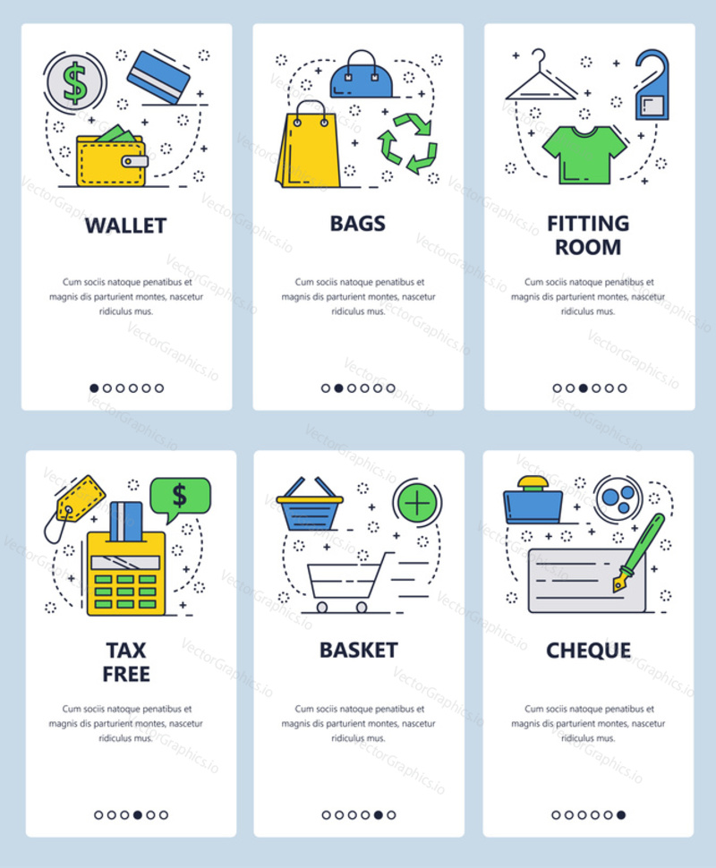 Vector web site linear art onboarding screens template. Shopping, money, fitting room, tax free. Menu banners for website and mobile app development