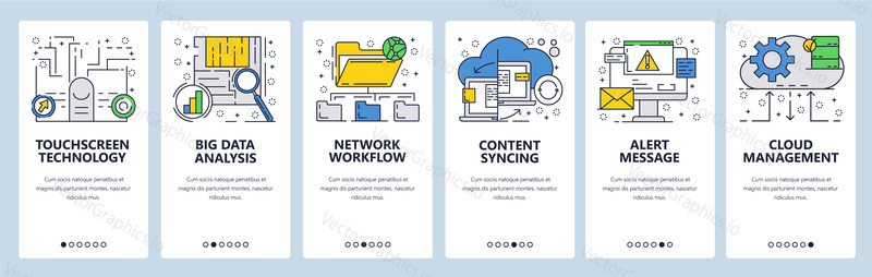 Векторный веб-сайт linear art onboarding screens template. Онлайн-облачные сервисы, технологии сенсорного экрана и синхронизации, а также анализ больших данных. Баннеры меню для разработки сайтов и мобильных приложений
