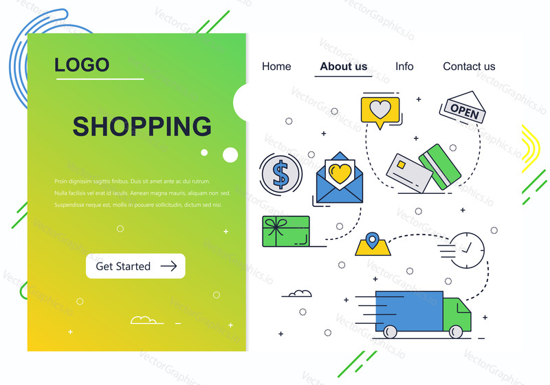 Vector web site linear art design template. Online shopping, money payment and package delivery. Landing page concepts for website and mobile development
