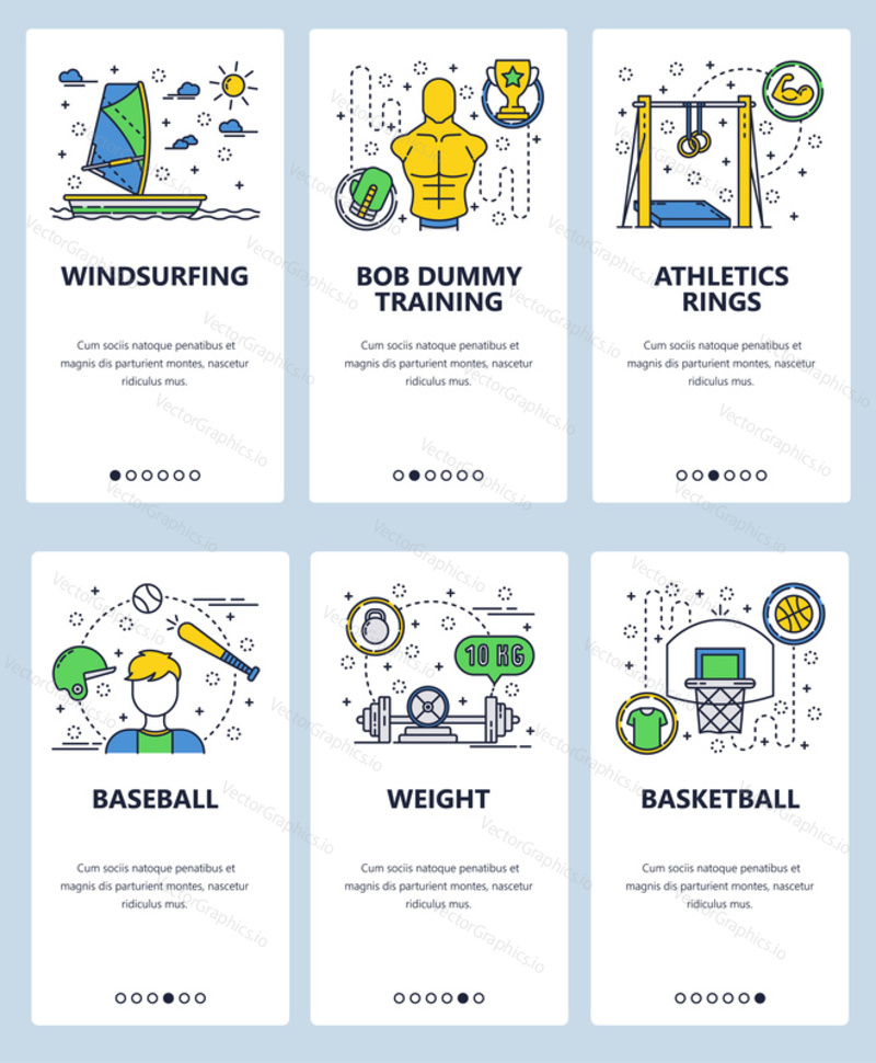 Векторный веб-сайт linear art onboarding screens template. Спортивные значки, баскетбол, бейсбол, виндсерфинг, фитнес. Баннеры меню для разработки веб-сайтов и мобильных приложений.