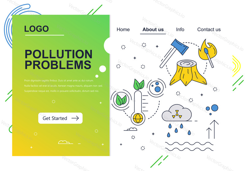 Vector web site linear art design template. Pollution problems, deforestation, radioactive rain. Landing page concepts for website and mobile development. Modern flat illustration