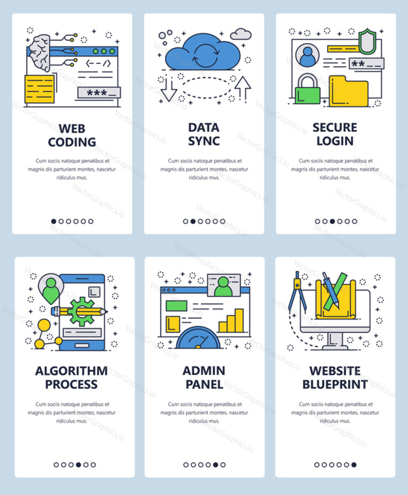 Векторный веб-сайт linear art onboarding screens template. Веб-кодирование и интернет-сервисы, синхронизация данных, безопасный вход в систему, админ-панель. Баннеры меню для разработки веб-сайтов и мобильных приложений.