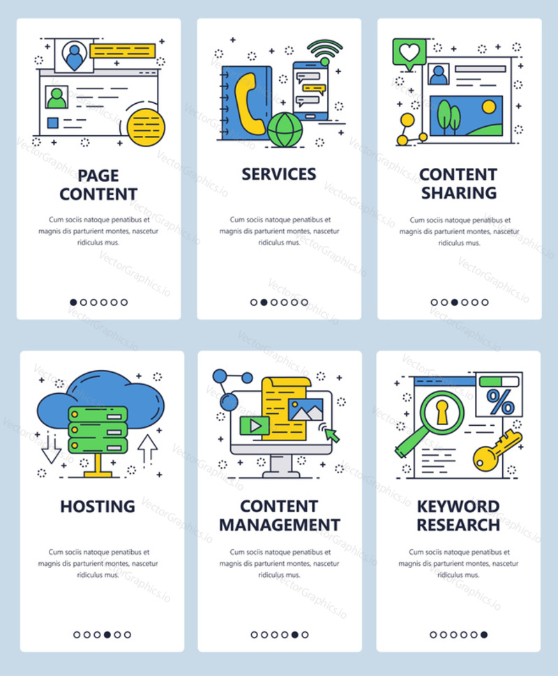 Vector web linear art onboarding screens template. Website internet hosting and content management. Menu banners for website and mobile app development. Modern design flat illustration