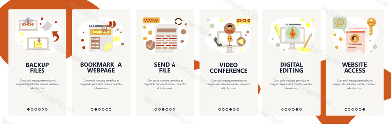 Web site onboarding screens. Internet and computer services, data backup, video call and website access. Menu vector banner template for website and mobile app development. Modern design flat illustration