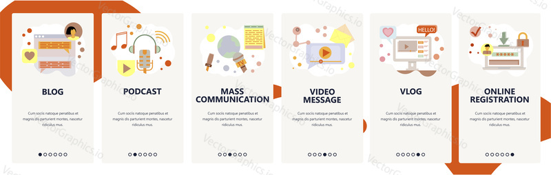 Web site onboarding screens. Digital marketing and online social media, blog, podcast, video stream. Menu vector banner template for website and mobile app development. design flat illustration.