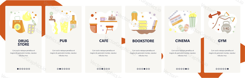 Web site onboarding screens. Drug store, pub, bar, cafe, cinema, gym. Menu vector banner template for website and mobile app development. Modern design flat illustration