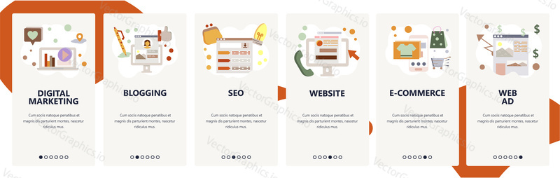 Web site onboarding screens. Digital marketing, SEO and online shopping. Menu vector banner template for website and mobile app development. Modern design flat illustration