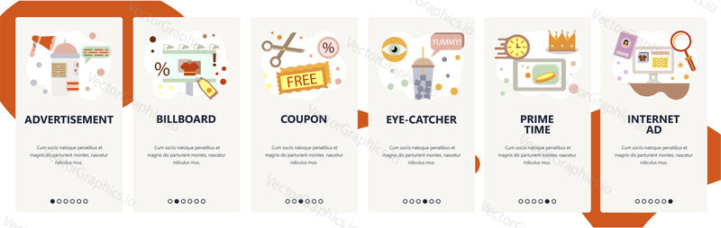 Web site onboarding screens. Marketing and advertising, internet AD. Menu vector banner template for website and mobile app development. Modern design flat illustration