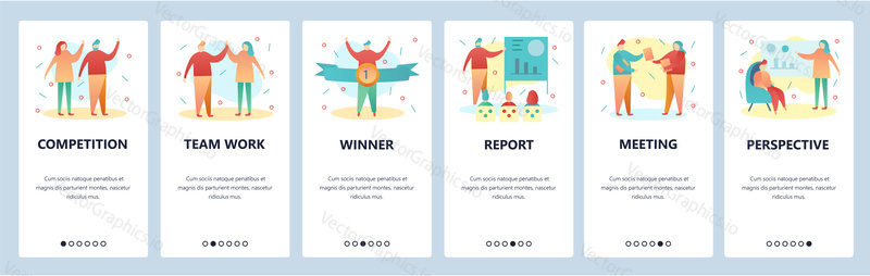 Web site onboarding screens. Office presentation, business meeting and team work. Menu vector banner template for website and mobile app development. Modern design flat illustration