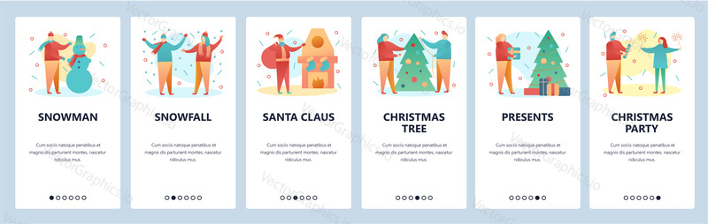 Web site onboarding screens. Christmas and new year party. Snowman, santa claus and christmas tree. Menu vector banner template for website and mobile app development. Modern design flat illustration