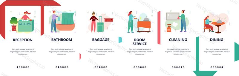 Web site onboarding screens. Hotel business, reception, room service. Menu vector banner template for website and mobile app development. Modern design flat illustration