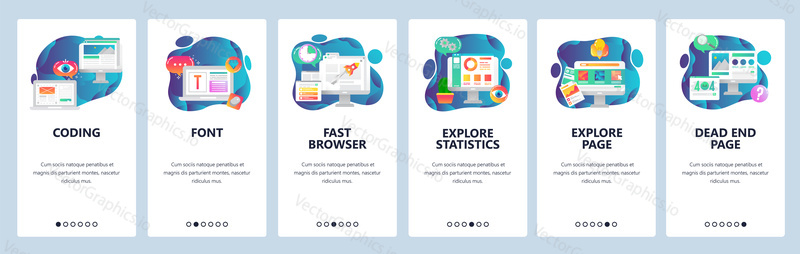 Web site onboarding screens. Website development, coding, font, 404 error page. Menu vector banner template for website and mobile app development. Modern design flat illustration