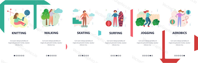 Web site onboarding screens. Sport, hobby and leisure activities. Menu vector banner template for website and mobile app development. Modern design flat illustration