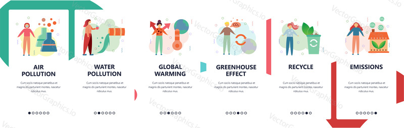 Webové stránky onboarding obrazovky. Ekologie, znečištění ovzduší a vody, průmyslový odpad, globální oteplování. Menu vector banner šablona pro webové stránky a vývoj mobilních aplikací. Moderní design ploché ilustrace