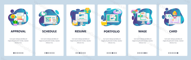 Web site onboarding screens. Business tasks management, CV and portfolio, access card. Menu vector banner template for website and mobile app development. Modern design flat illustration