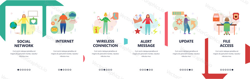 Webové stránky onboarding obrazovky. Sociální síť, bezdrátové připojení k internetu, přístup k souborům a aktualizace. Menu vector banner šablona pro webové stránky a vývoj mobilních aplikací. Moderní design ploché ilustrace