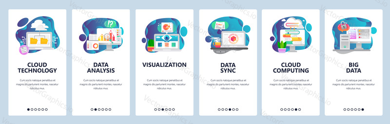 Web site onboarding screens. New technologies, cloud storage, big data analysis, cloud computing. Menu vector banner template for website and mobile app development. Modern design flat illustration
