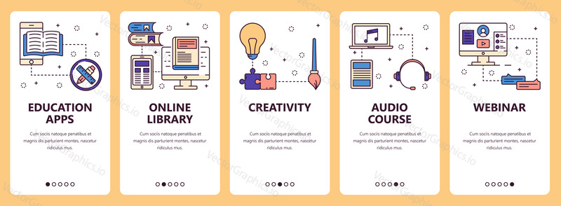 Vector set of vertical banners with Education apps, Online library, Creativity, Audio courses, Webinar website and mobile app templates. Modern thin line flat style design.