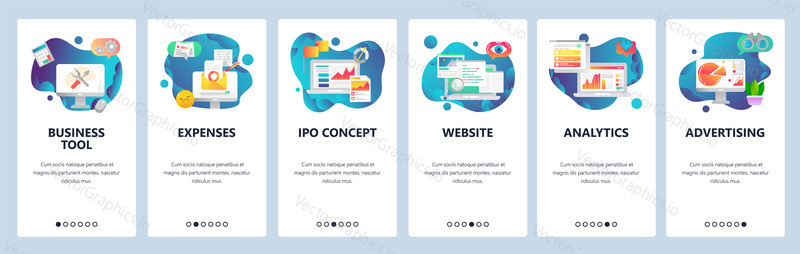 Web site onboarding screens. Financial report, business tools, analytics. Menu vector banner template for website and mobile app development. Modern design flat illustration