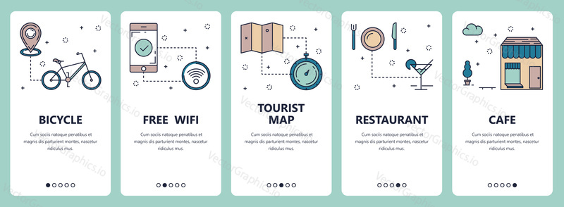Векторный набор вертикальных баннеров с велосипедом, бесплатным Wi-Fi, туристической картой, сайтом ресторана, кафе и шаблонами мобильных приложений. Современный дизайн в плоском стиле с тонкой линией.