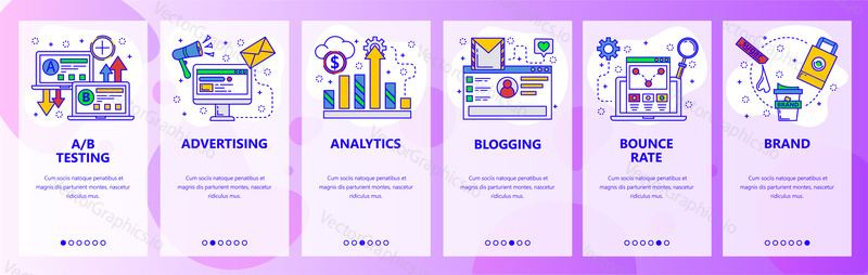Web site onboarding screens. Digital marketing, analytics and online advertisement. Menu vector banner template for website and mobile app development. Modern design flat illustration