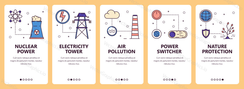 Vector set of vertical banners with Nuclear power, Electricity tower, Air pollution, Power switcher, Nature protection website and mobile app templates. Modern thin line flat style design.