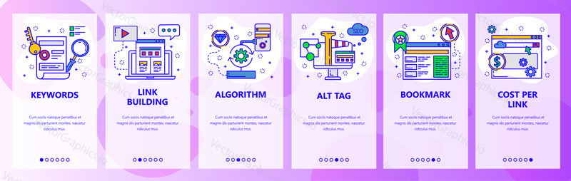 Web site onboarding screens. SEO, digital marketing and website advertisement. Menu vector banner template for website and mobile app development. Modern design flat illustration