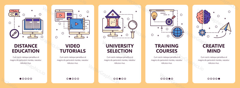 Vector set of vertical banners with Distance education, Video tutorials, University selections, Training courses, Creative mind website and mobile app templates. Modern thin line flat style design.
