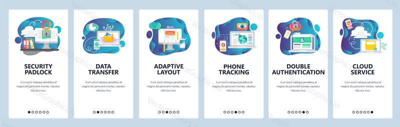 Web site onboarding screens. Computer security, cloud service and secure data sync. Menu vector banner template for website and mobile app development. Modern design flat illustration