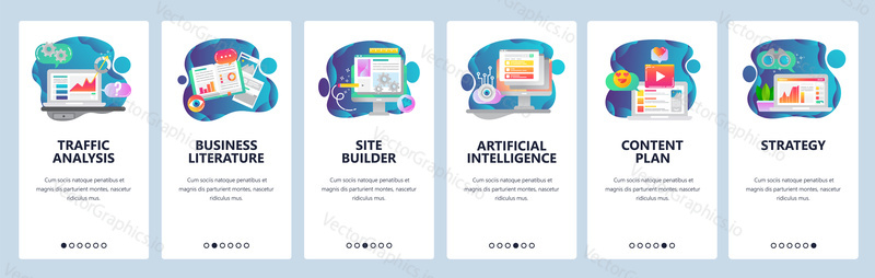 Web site onboarding screens. Traffic analysis, AI, business development and website coding. Menu vector banner template for website and mobile app development. Modern design flat illustration