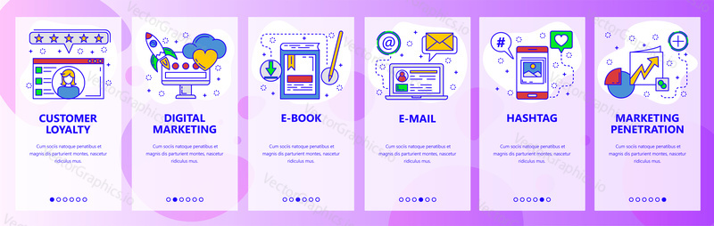 Web site onboarding screens. Digital marketing, customer review, photo sharing. Menu vector banner template for website and mobile app development. Modern design flat illustration