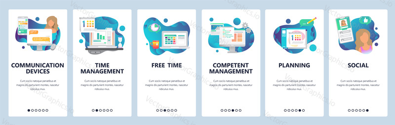 Web site onboarding screens. Online chat, dating, social media and time management. Menu vector banner template for website and mobile app development. Modern design flat illustration