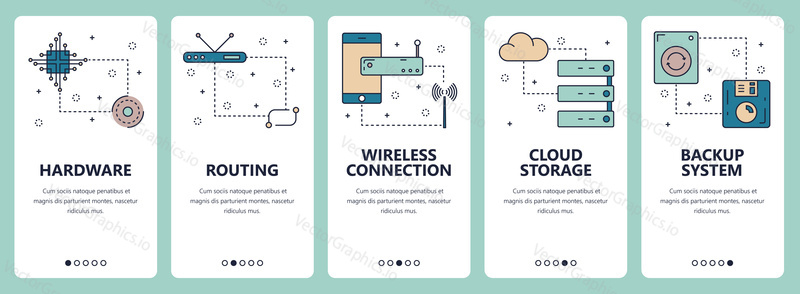 Vector set of vertical banners with Hardware, Routing, Wireless connection, Cloud storage, Backup system website and mobile app templates. Modern thin line flat style design.