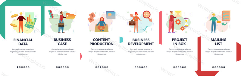 Web site onboarding screens. Financial data and business development. Menu vector banner template for website and mobile app development. Modern design flat illustration