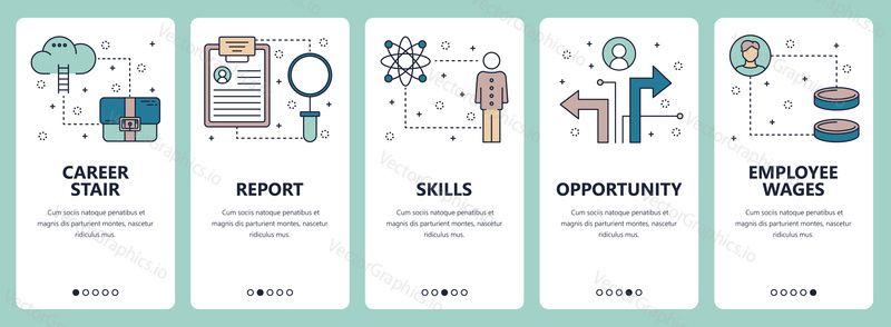 Vector set of vertical banners with Career stair, Report, Skills, Opportunity, Employee wages website and mobile app templates. Modern thin line flat style design.