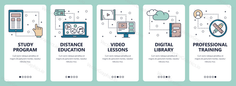 Vector set of vertical banners with Study program, Distance education, Video lessons, Digital library, Professional training website and mobile app templates. Modern thin line flat style design.