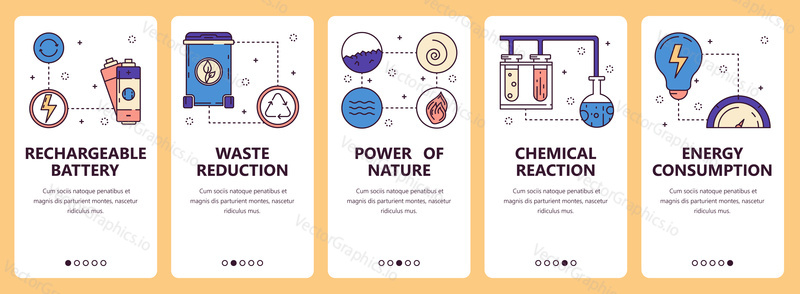 Vector set of vertical banners with Rechargeable battery, Waste reduction, Power of nature, Chemical reaction, Energy consumption website and mobile app templates. Modern thin line flat style design.