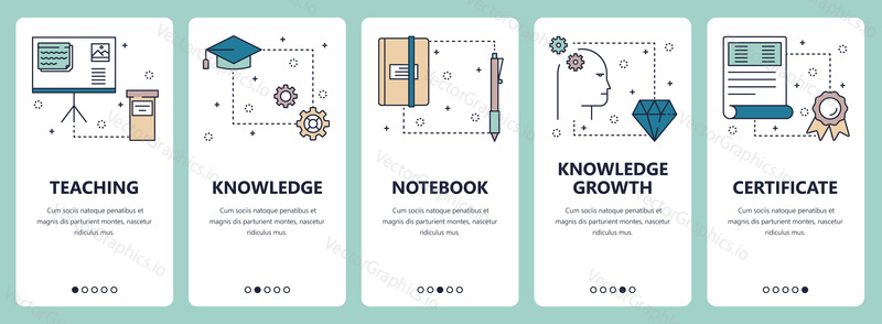 Vector set of vertical banners with Teaching, Knowledge, Notebook, Knowledge growth, Certificate website and mobile app templates. Modern thin line flat style design.