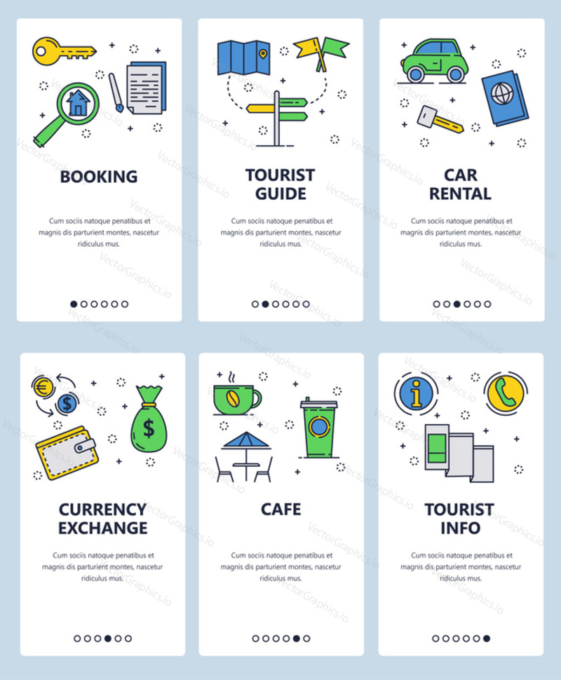 Vektorová sada mobilních aplikací na palubních obrazovkách. Rezervace, Turistický průvodce, Půjčovna aut, směnárna, kavárna, turistické informace webové šablony a bannery. Tenké linky Art ploché ikony pro webové stránky menu.