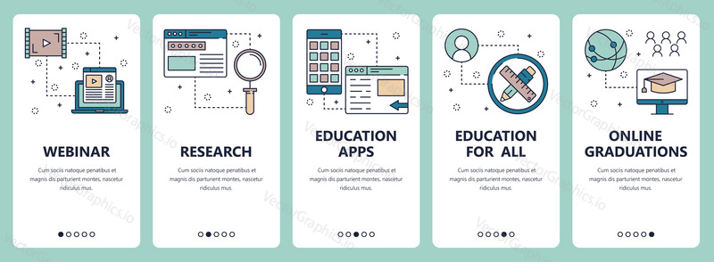 Vector set of vertical banners with Webinar, Research, Education apps, Education for all, Online graduations website and mobile app templates. Modern thin line flat style design.