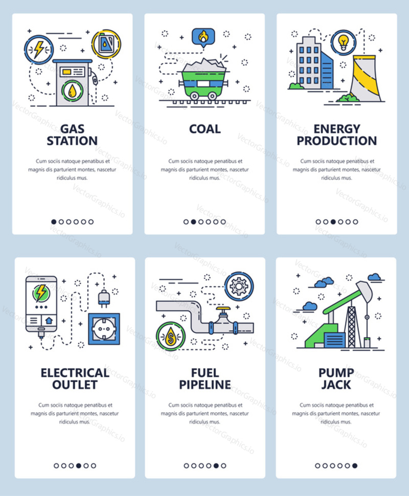 Vector set of mobile app onboarding screens. Gas station, Coal, Energy production, Electrical outlet, Fuel pipeline, Pump jack web templates and banners. Thin line art flat icons for website menu.